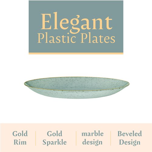 PLASTICPRO 30 Pack Disposable Plastic Plates Heavyweight Granite Look Elegant 7 inch Dinner Plates Green with Gold Rim