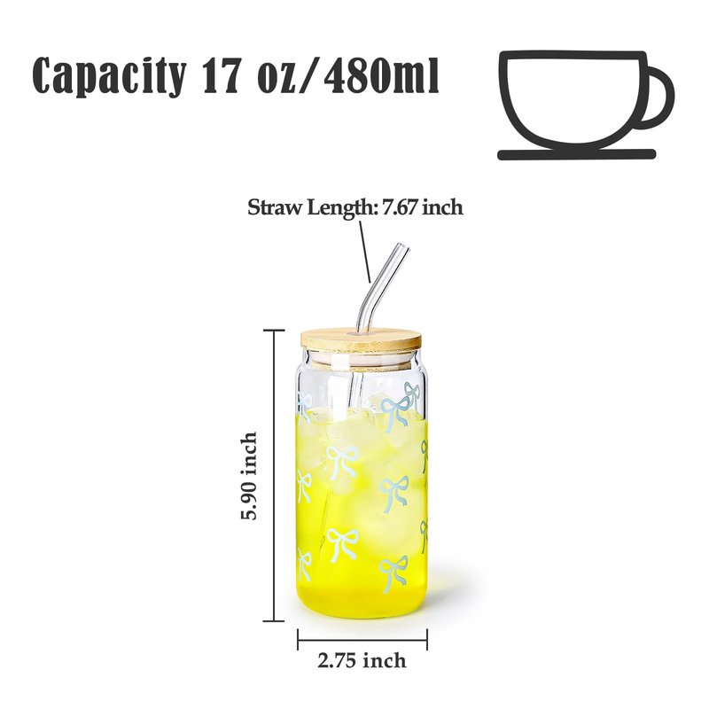 Koythin Glass Cups with Lids and Straws, Adorable Iced Coffee Tumbler for Tea Milk Smoothie Latte Juice, Bow Tie Glasses Drinking Set for Mom Girl Women, 17 oz/480 ml (Blue)