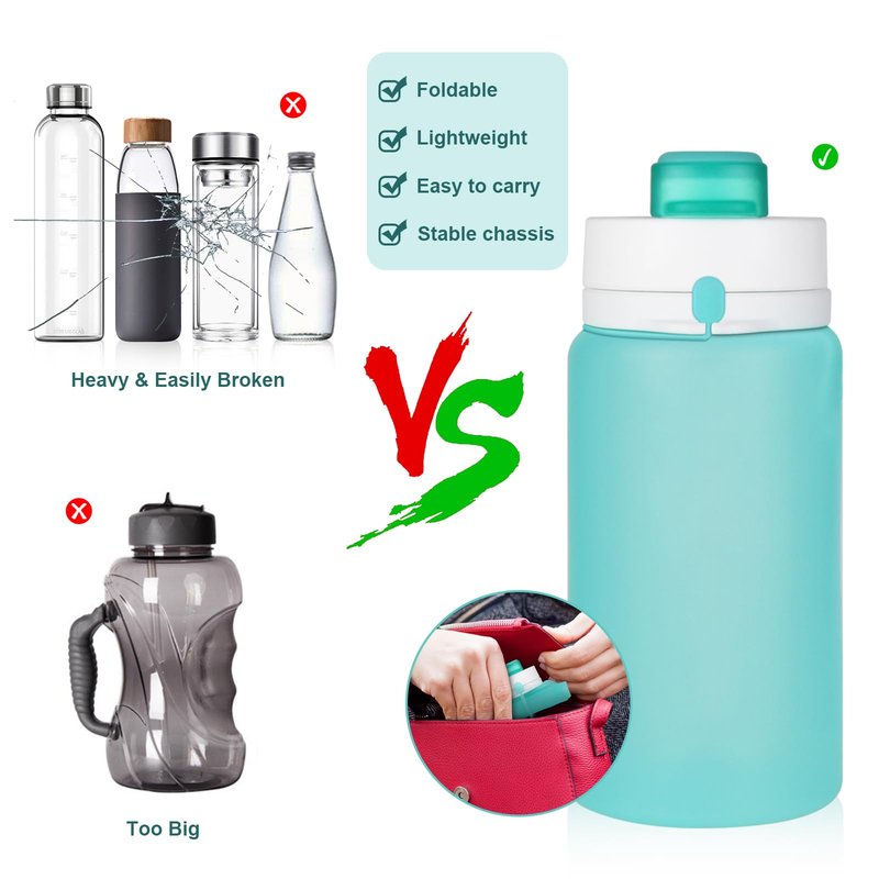 PLTCAT 2 Pack Collapsible Water Bottle, 19oz Foldable Bottle BPA Free Reusable Lightweight Leak-Proof Travel Silicone Water Bottle for Travel, Gym, Hiking, Office, Camping（Green and Blue）