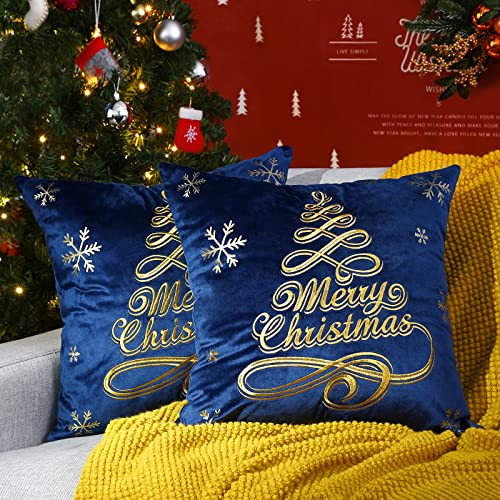 Lewondr Christmas Throw Pillow Covers, Christmas Tree Embroidery Hot Stamping Pattern Dutch Velvet Pillowcases Home Xmas Decorative Cushion Covers Soft for Sofa Bed Chair, 2 Pack, Navy Blue