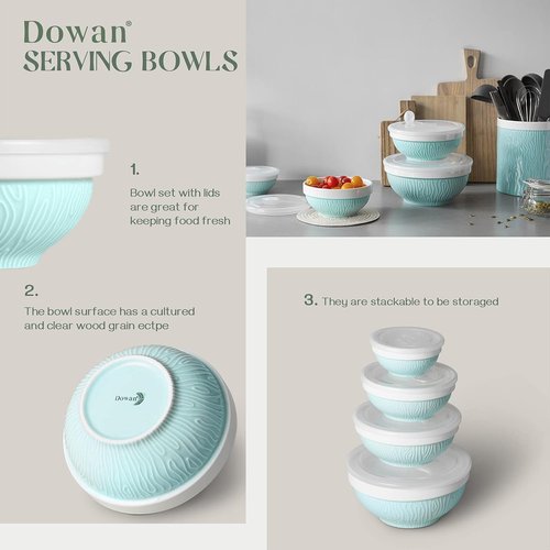 DOWAN Mixing Bowls Set - Ceramic Serving Bowls with Lids for Food Storage | 4-Piece Turquoise Set (64/32/24/12 Oz)