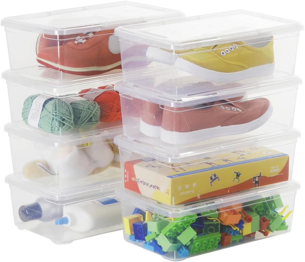 Skiennix 6 Quart Stackable Plastic Storage Shoebox - BPA-Free Nestable Container for Organizing Shoes | 8 Pack, Transparent