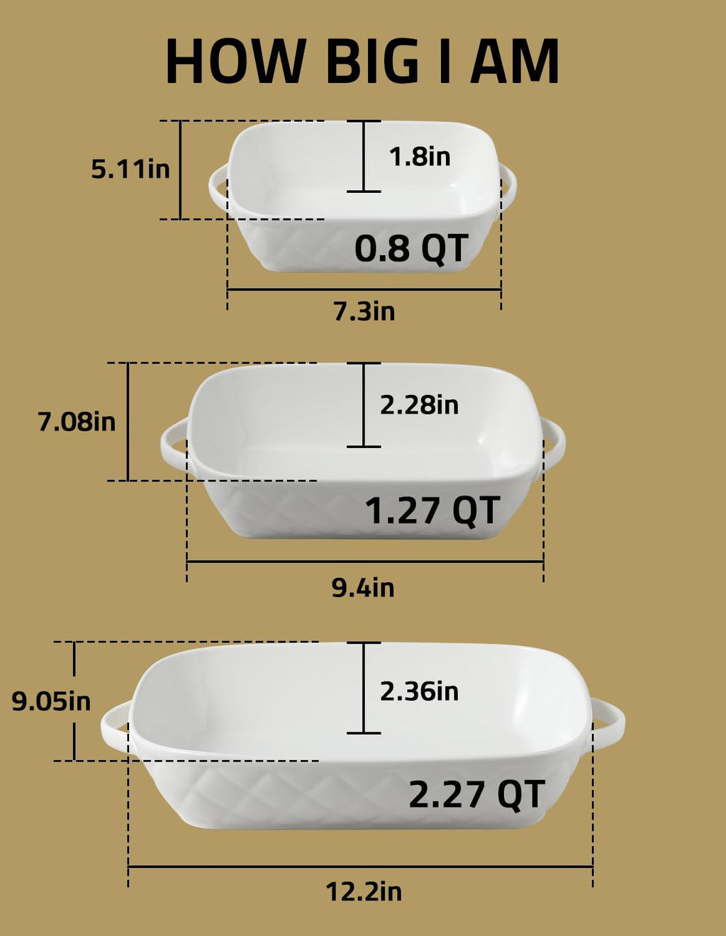 Sweejar Casserole Dishes - Set of 3 Ceramic Baking Pans for Oven | Rectangular Bakeware, 12.2x9.2x2.5 Inches (White)