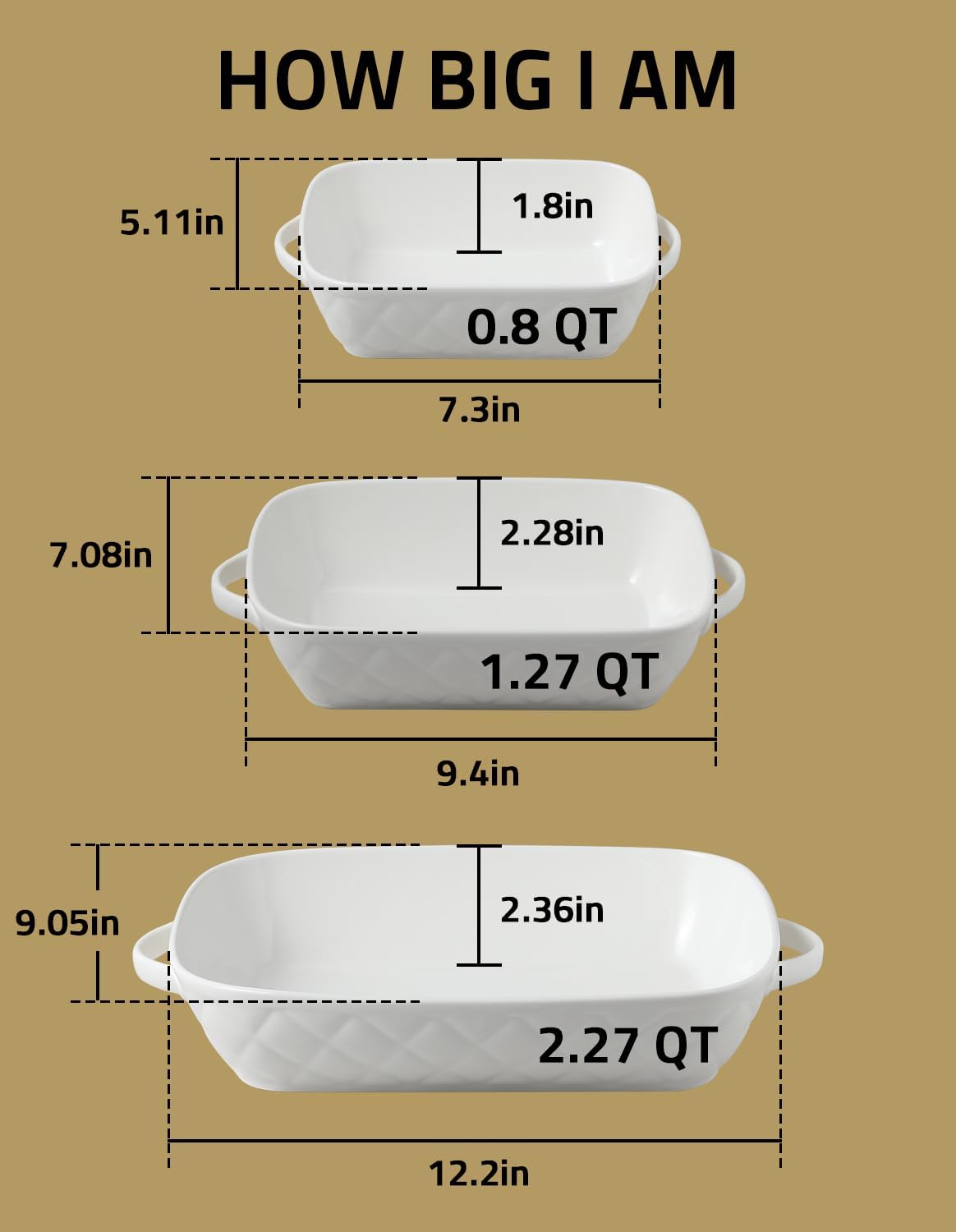 Sweejar Casserole Dishes - Set of 3 Ceramic Baking Pans for Oven | Rectangular Bakeware, 12.2x9.2x2.5 Inches (White)