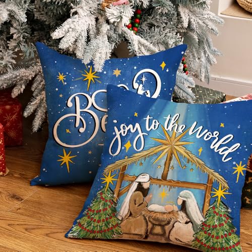 Christmas Throw Pillow Covers Set of 4 - 18x18 Inches Blue Oh Holy Night Religious Decor