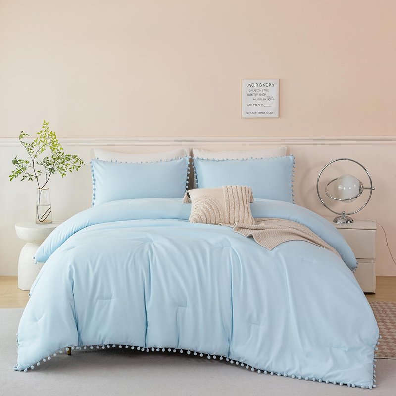 PERFEMET 5 Pieces Full Bed in A Bag Light Blue Pom Pom Bedding Set for Girls Boys Soft Fluffy Boho Solid Bedding Comforter Set with Sheets(Light Blue, Full)
