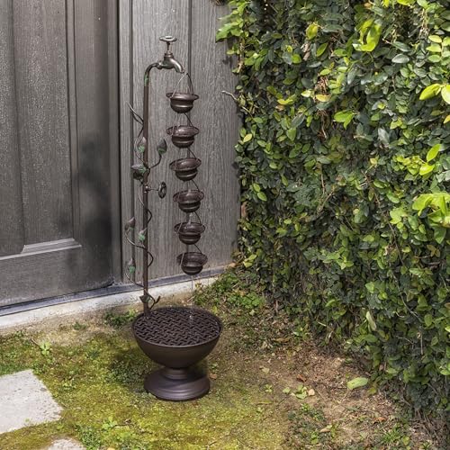 38-Inch Tiered Outdoor Floor Water Fountain - Vintage Bronze 6-Cup Waterfall