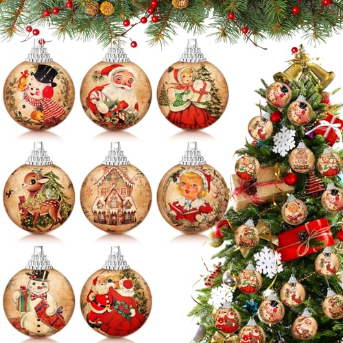 16-Piece Vintage Christmas Tree Ornament Set, 5.5cm Retro Pattern Balls