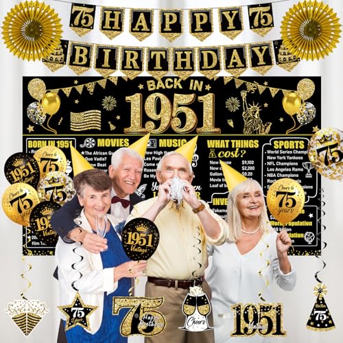 75th Birthday Decorations Kit, Black and Gold Party Supplies for 1951 Birthdays