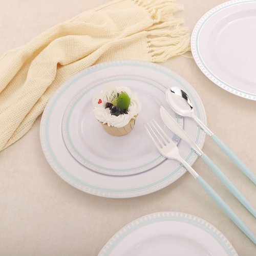 COLOSUS 125pcs Disposable Silver Blue Plastic Plates and Silverware .Light baby blue dinnerware party set include 25 Dinner Plate 25 Dessert Plate 75 silverware for Easter day Party Dinner