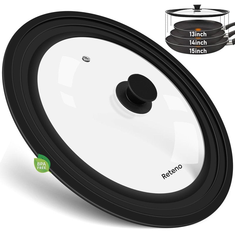 13-14-15in Universal Lid for Pots,Pans,Skillets,Large Replacement Frying Pan Cover,Big Cookware Lids,Tempered Glass with Heat Resistant Silicone Rim,Knob, BPA Free,Dishwasher Safe