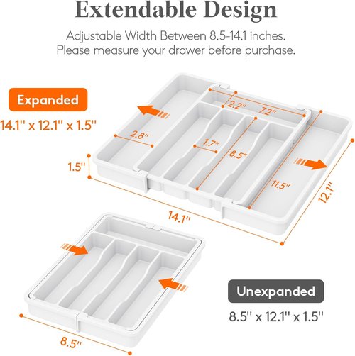 Lifewit Expandable Silverware Drawer Organizer - BPA-Free Utensil Tray for Kitchen | Adjustable Storage, 8.5-14 x 12", White