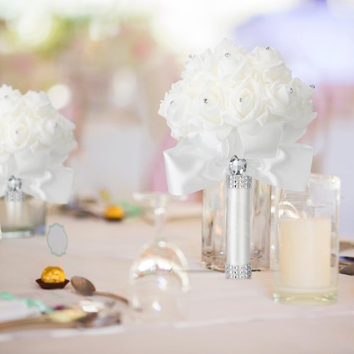 Jutom 10 Pieces Wedding Bouquets for Bride Roses Bridesmaid Bouquets for Wedding Hand Holding Bridal Bouquets for Bride Bouquet with Diamond Soft Ribbons for Engagement Church Party (White)