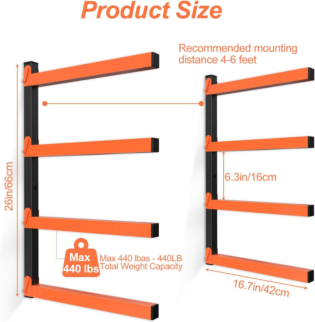 NANANARDOSO Wall Mount Wood Organizer - Heavy Duty Metal Shelf with 4 Levels | Lumber Storage Racks, 4 Pack