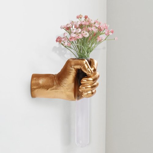 Gold Wall Sculptures | Unique Hand Vases Home Decor - Modern Eclectic Wall Art with Glass Test Tube Vase