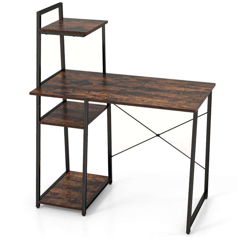 Tangkula Computer Desk with Shelves, Space Saving Home Office Desk with 3-Tier Ladder Shaped Storage Bookshelf, Modern Writing Study Desk with Metal Frame, Compact Computer Workstation (Rustic Brown)