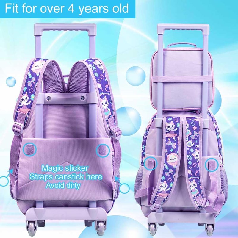 KLFVB Kids Rolling Backpack for Girls, Roller Wheels School Bag with Lunch Bag, Wheeled Sequins School Bookbag for Children - Cat