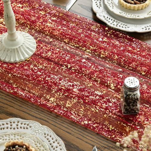 28x120 Inch Red Gold Gauze Table Runner 10Pcs Glitter Metallic Sheer Decor