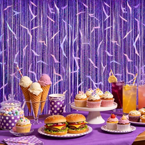 2 Pack Purple Holographic Foil Fringe Curtains - 3.3 x 6.6 ft Party Backdrop