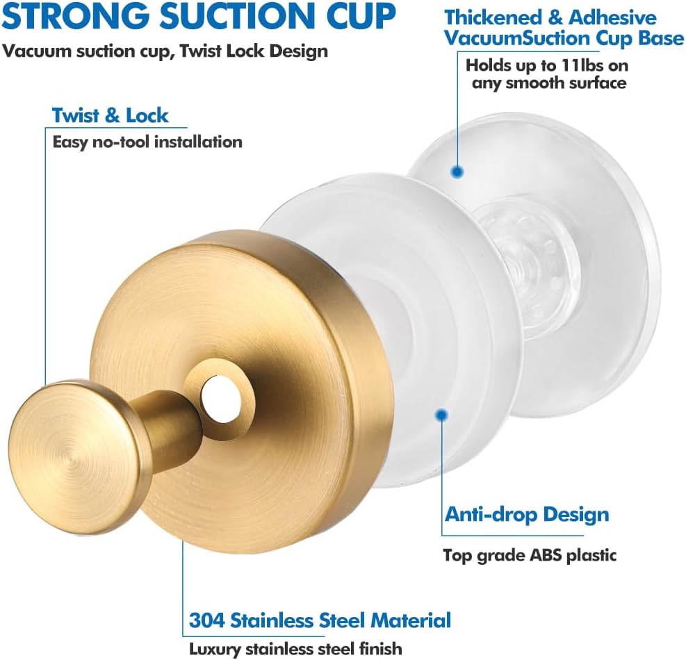Skiennix Suction Cup Hooks - No-Drill Shower & Wreath Hangers | 2 Pack, Gold Finish for Versatile Use