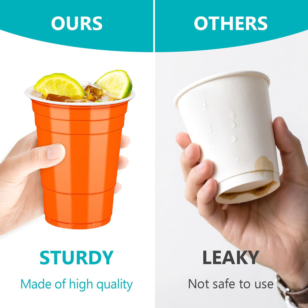 LANLISA 50 Orange Plastic Cups, 16 oz Disposable Cups, Drinking Cups For Birthday Party, Halloween, Thanksgiving, Harvest, Fall