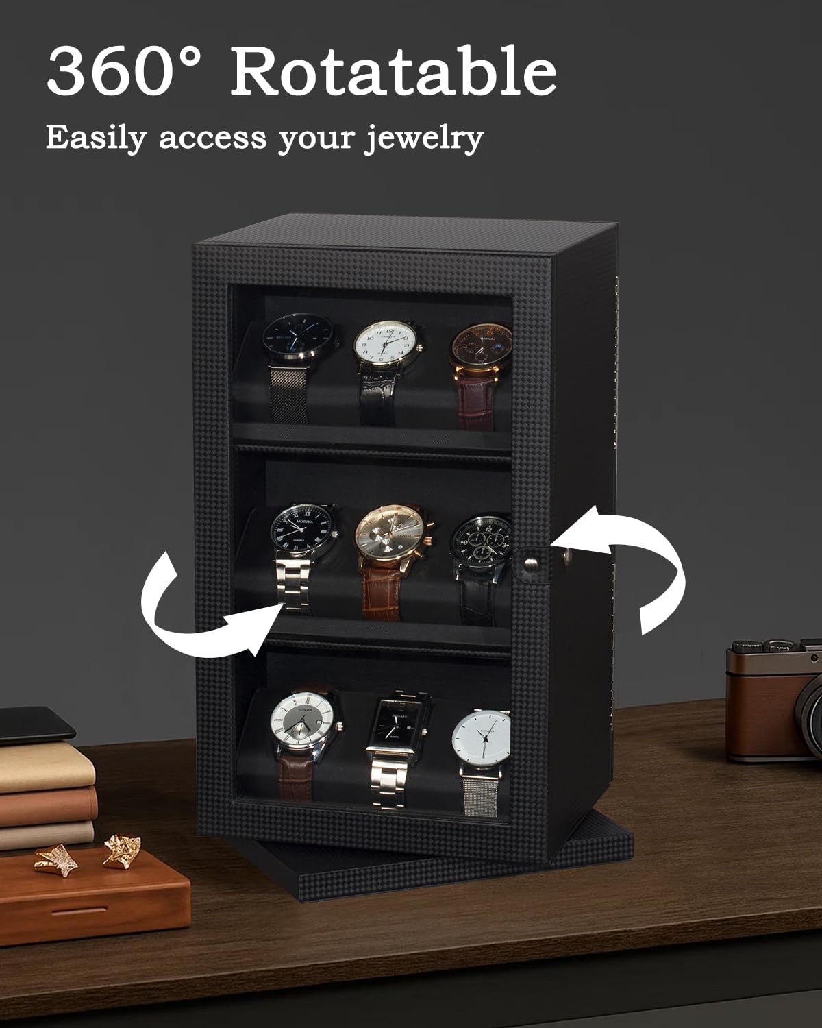 Watch and Glasses Storage Case, 3-Layer Watch Display Box, 4-Layer Glasses Rack, 360° Rotating Jewelry Organizer with Glass Window (Brown, With windows)