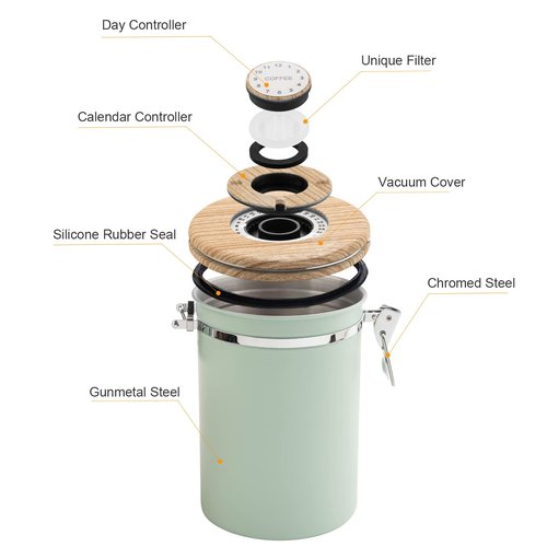 TEDSWAIT Coffee Canisters Airtight Coffee Bean Storage Container Kitchen Stainless Steel Food Storage Container with Scoop Date Tracker & CO2 Valve 61Fl Oz (Green)