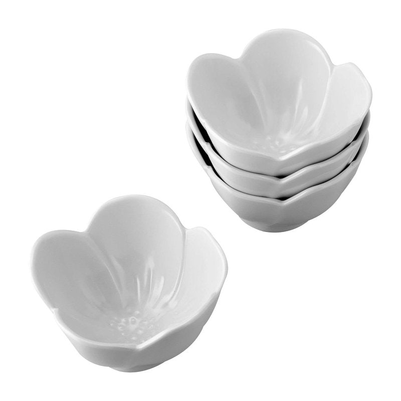 UP Floral Shape Dessert Bowls, Melamine Ice Cream Bowls, Small Prep Bowls, Durable and BPA-Free, for Dipping Sauce, Ice Cream, and Side Dishes, White, 4.75 Inch, Set of 4