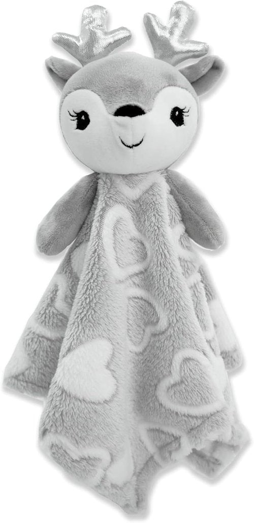June Garden Cozy Dream Fleece Baby Security Blanket | Soft Plush Stuffed Deer Lovey - 15 x 15 Inches - Grey