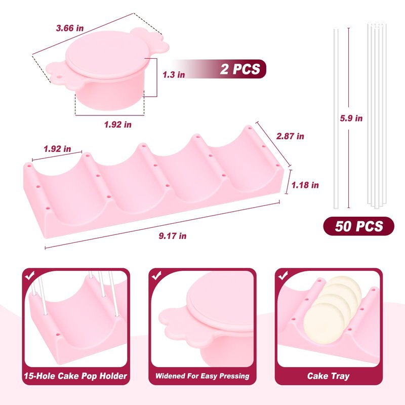 Silicone Cake Pop Mold Set, Round Cake Pop Cutter with Pusher, Tray and 50 Sticks, 15-Hole Cake Pop Holder, DIY Baking Molds Kit for Parties, Wedding, Home Desserts Making - Pink