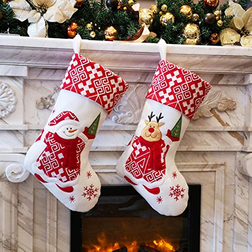 Wewill 17-Inch Classic Christmas Stockings Set of 2 Elk and Snowman, Velvet Holiday Decor with Silver Embellishments - Style 4