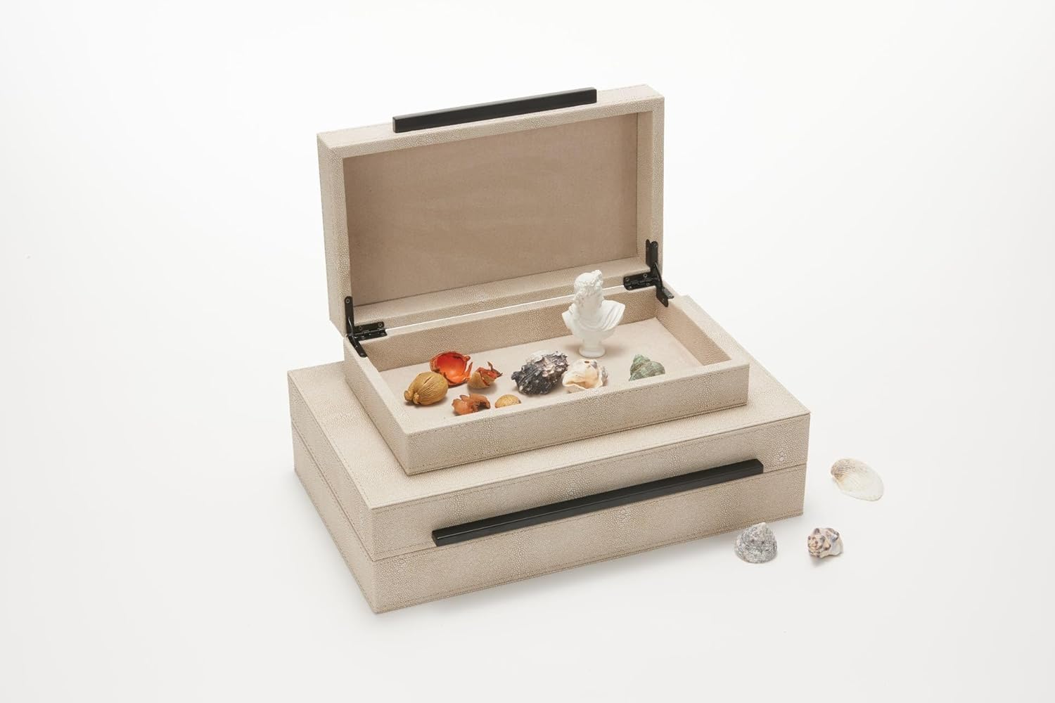 Sagala Ivory Shagreen Decorative Boxes - Set of 2 Modern Faux Leather Jewelry Organizers | Black Metal Handles