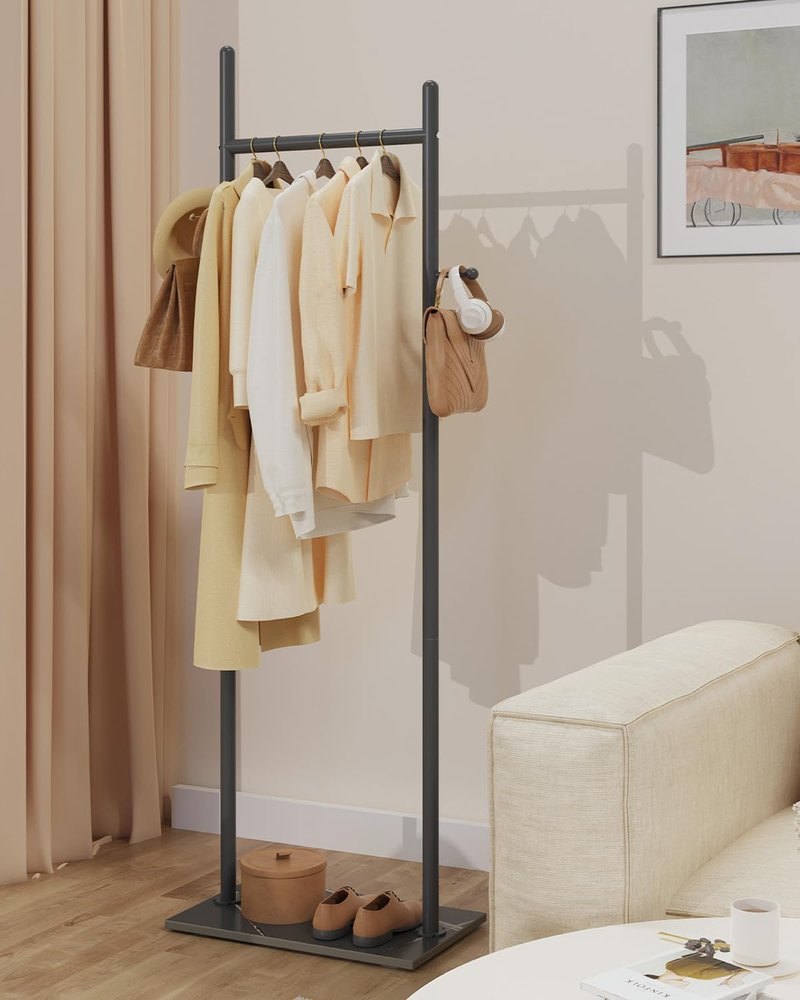 GUOHNHE Large Metal Coat Rack Freestanding, Modern Coat Hanger Stand with 2 Hooks and Heavy Rock Slab Base, Industrial Clothes Rack, Garment Rack, 19.7 x 11.8 x 68.9 In, Black, GYJ202MB