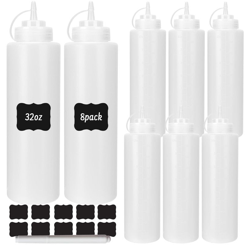 DHSBTLS 32 oz Plastic Squeeze Bottles, 8 Pack Clear Condiment Squeeze Bottles with Tethered Caps, Ketchup Bottles for Sauces, Perfect for Condiments, Oil, Icing, Liquids, with 10 Stickers and 1 Pen