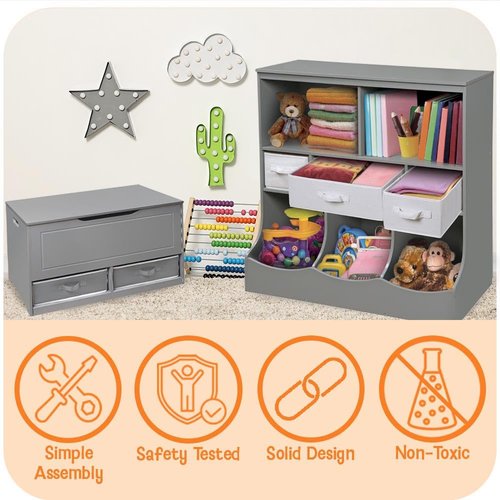 Badger Basket 5-Bin Storage Cubby with Feet - Wooden Organizer for Toys, Books, and Display, with Top Shelf, Cubbies, and Open Bins - Kids’ Room or Playroom Storage Solution - Fresh White