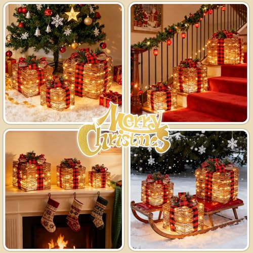 Christmas Gift Box Set with LED Lights, Rustic Rattan Decor, 3 Sizes