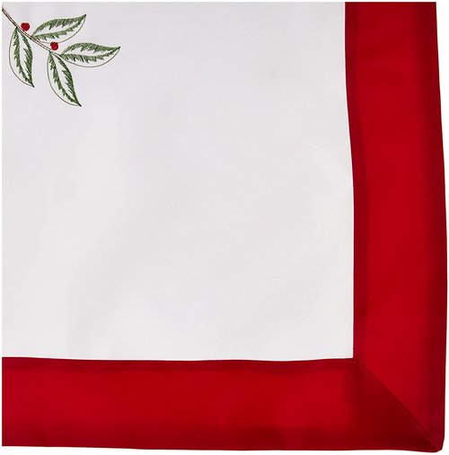 Violet Linen Christmas Holly Leaves Poinsettia Ribbon Bows Polyester Embroidered with Trim Border Tablecloths, 70" X 88", White