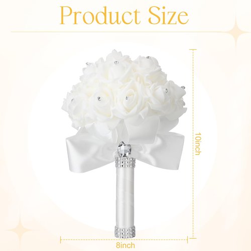 Jutom 6 Pack Wedding Bouquets for Bride Roses Bridesmaid Bouquet Bridal Bouquet Flowers Wedding Hand Holding Bouquet with Diamond Soft Ribbons for Engagement Bridal Shower Church Party (White)