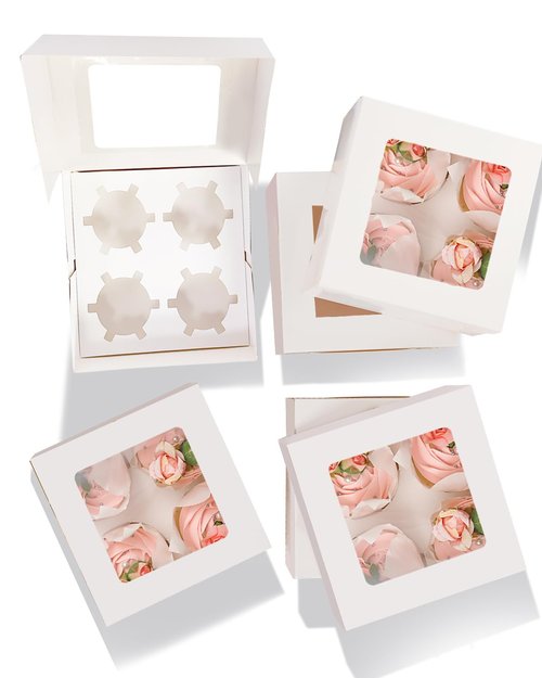 qiqee Auto-pop Up 4 Cupcake Boxes with Window White 30 Packs Cupcake Box 6.3"x6.3"x3" Bakery Boxes For Cupcakes Carrier, Cupcake Containers