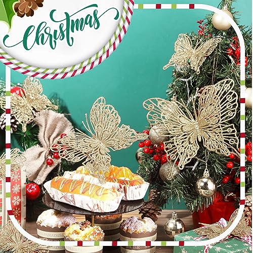 Jutom 24 Pcs Champagne Gold Butterfly Christmas Ornaments – Glitter 3 Sizes with Clips & Stems