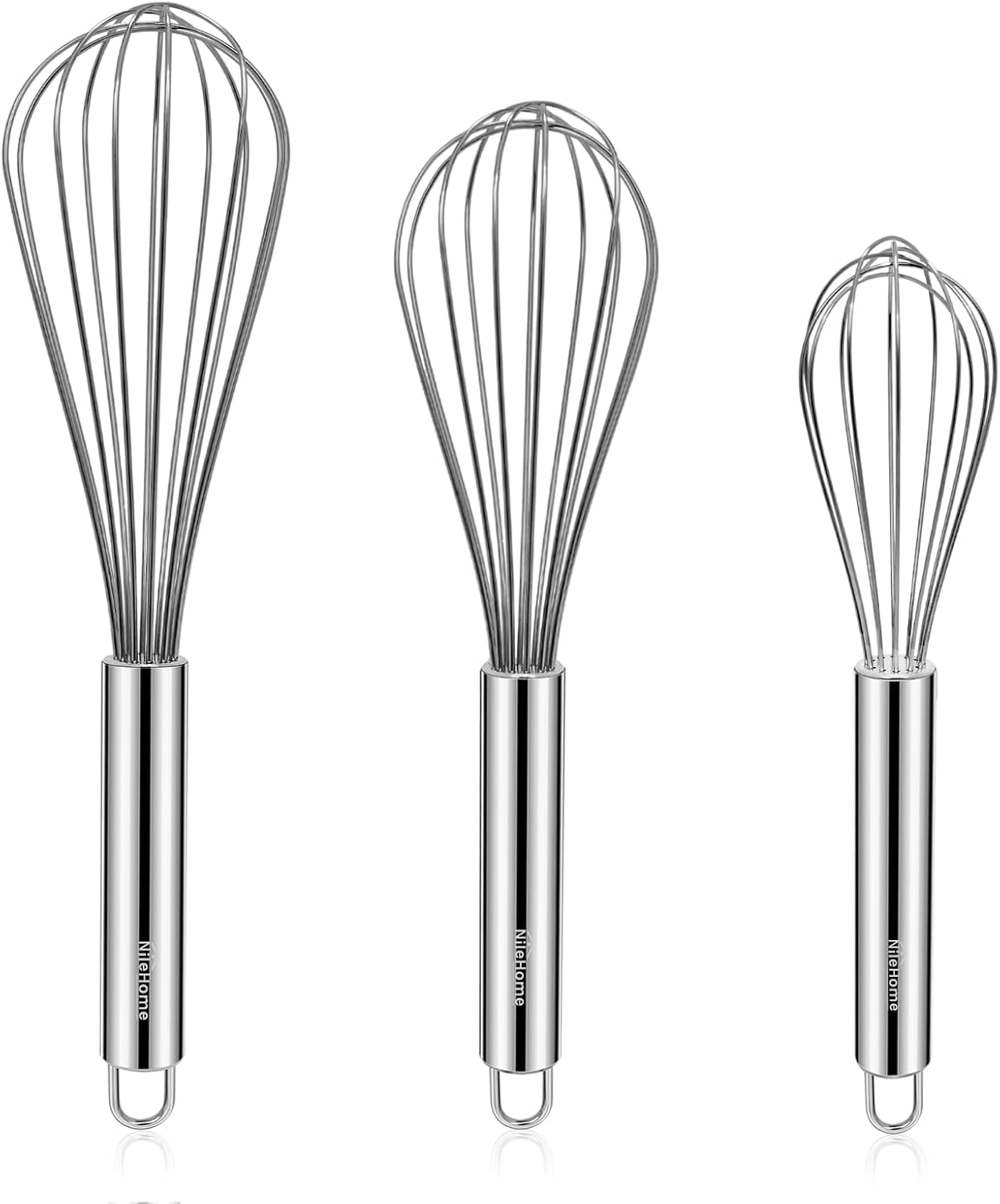 NileHome Stainless Steel Whisk Set - 3 Pack of 8", 10", & 12" Kitchen Whisks for Cooking & Baking
