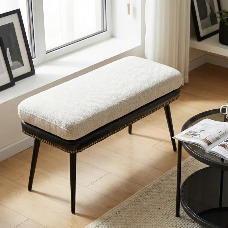 32" Retro Upholstered Entryway Bench with Removable Linen Cushion