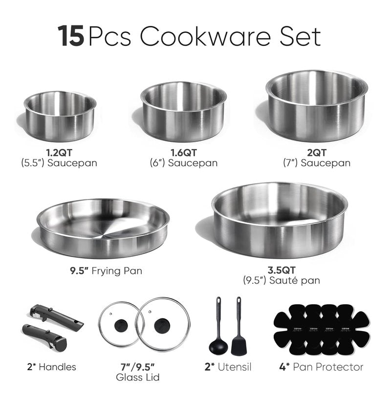 CAROTE Pots and Pans Set, Stainless Steel Cookware Set Detachable Handle, 15pcs Induction Kitchen Cookware Sets with Removable Handle, RV Cookware Set, Oven Safe, Mothers Day Gifts