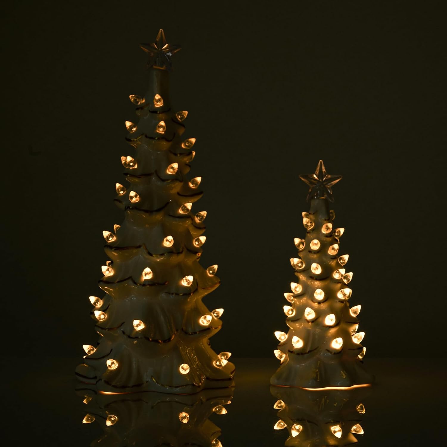 WDS WONDROUS Ceramic Christmas Tree Tabletop - Prelit White & Gold Accents | 2 Small Xmas Tree Figurines