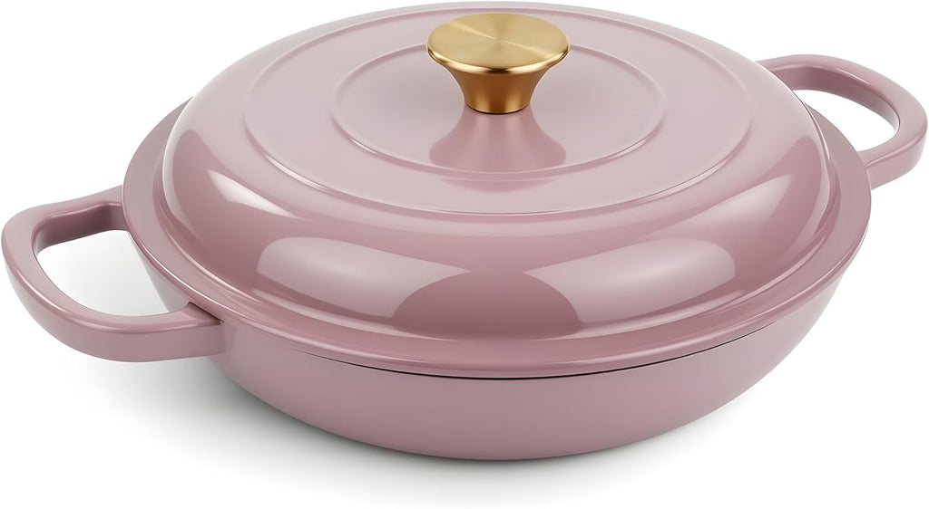 Skiennix Vintage Style Enameled Cast Iron Braiser - Non-Stick Dutch Oven Skillet with Lid | 3 Quart, Pink