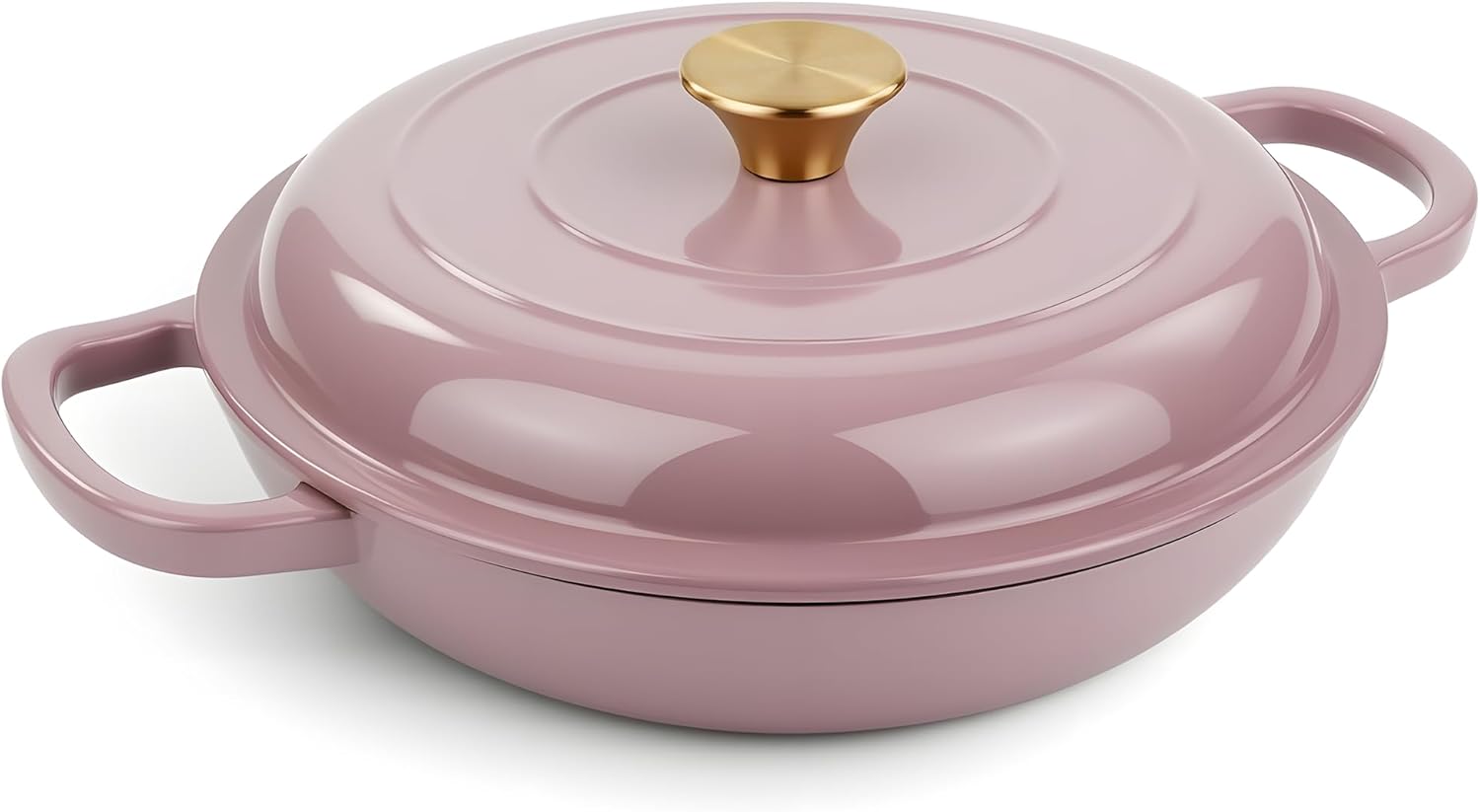 Skiennix Vintage Style Enameled Cast Iron Braiser - Non-Stick Dutch Oven Skillet with Lid | 3 Quart, Pink