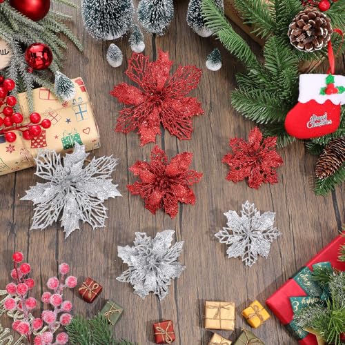 Boao 24 Pcs Red and Silver Artificial Christmas Poinsettia Flowers - Holiday Decor