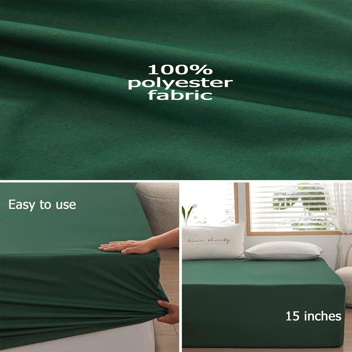 Skiennix Queen Size Fitted Sheet - Soft Microfiber, 15-Inch Deep Pocket, Dark Green | Fade Resistant & Easy Care