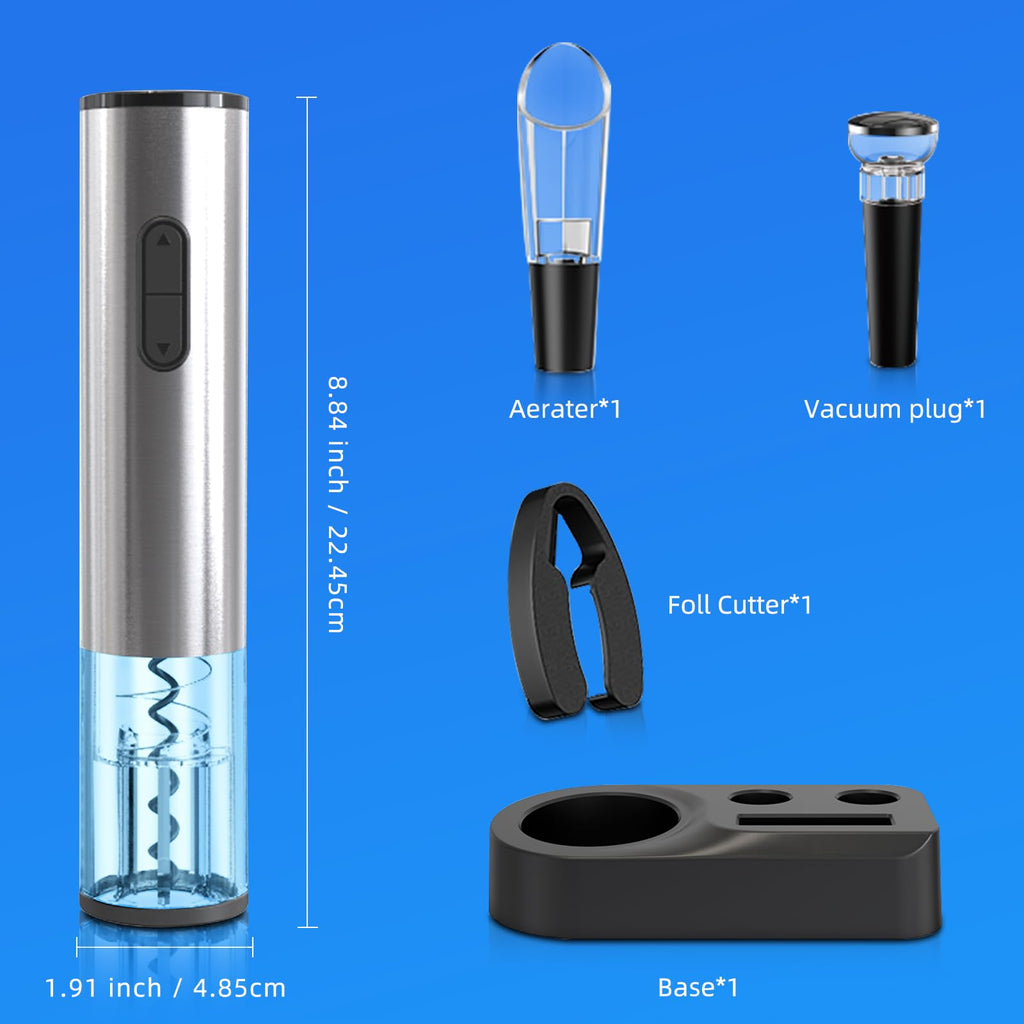 Liuzouwin5-in-1 ElectricWine Bottle Opener Set Battery Operated Reusable Corkscrew with Storage Base, Foil Cutter, Wine Pour& Wine Stopper (Silver)