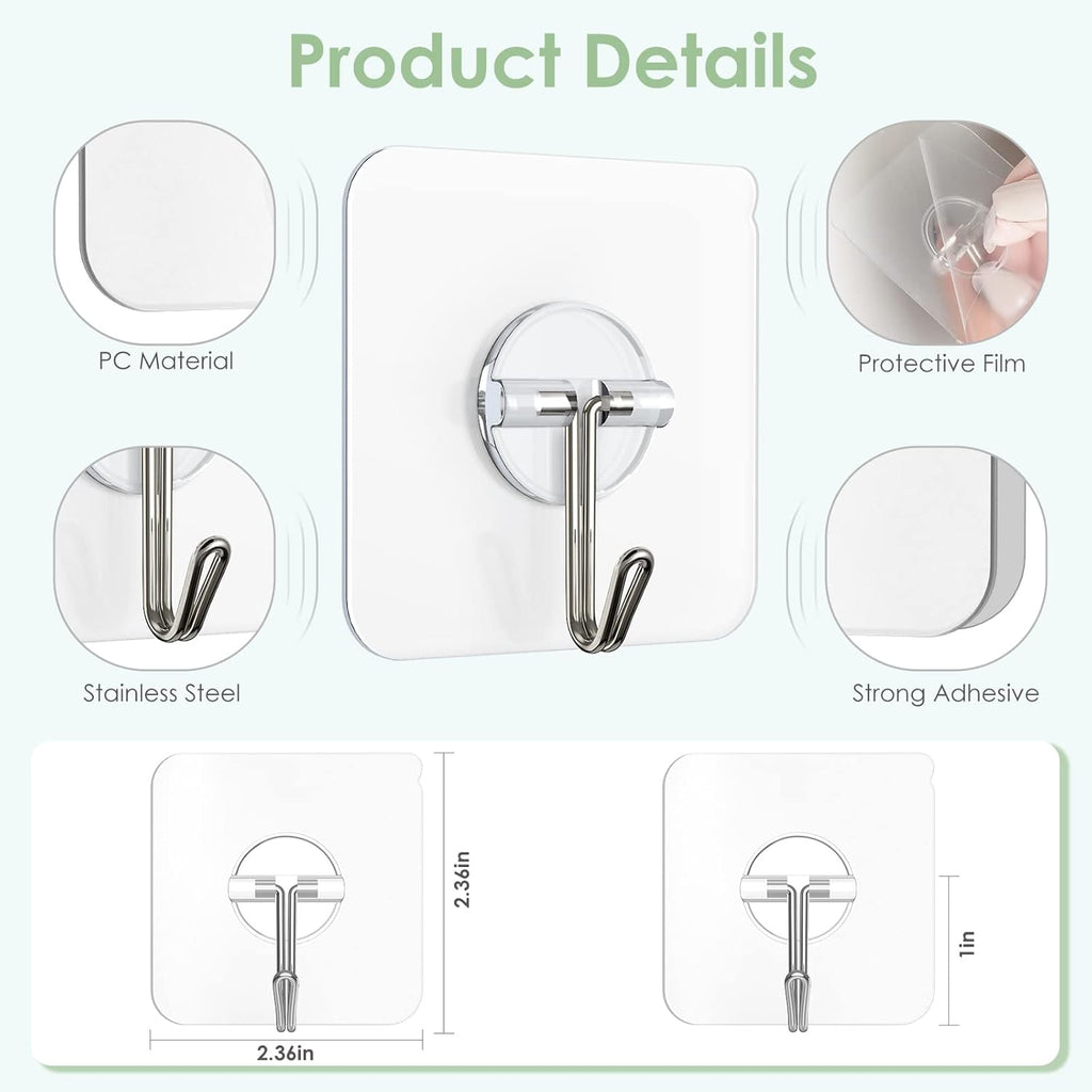 Skiennix Wall Hooks - Clear Removable Stainless Steel Adhesive Hooks | 10 Pack, 13 lb Capacity for Shower & Kitchen